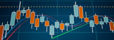 Mum çubuğu grafiği. Borsa ve değişim ekranı grafikleri ve trend çizgileri, hareket ortalamaları. İş, ticaret, büyüme, yatırım, kâr, bankacılık kavramı. 