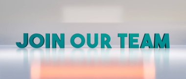 Takımımıza katıl. Mesajlı mavi pankart, büyük harflerle takımımıza katıl. Takım oluşturma faaliyetleri, yeni iş, takım çalışması, fırsat, adam toplama. 3B illüstrasyon