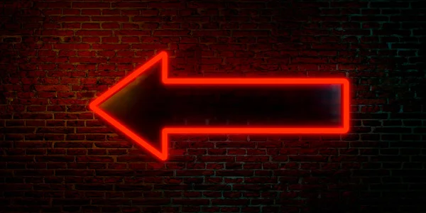 Red arrow, left direction. Brick wall with neon sign. Night, arrow shows to the left.  Way, road sign, hint, lead, strategy, concept. 3D illustration