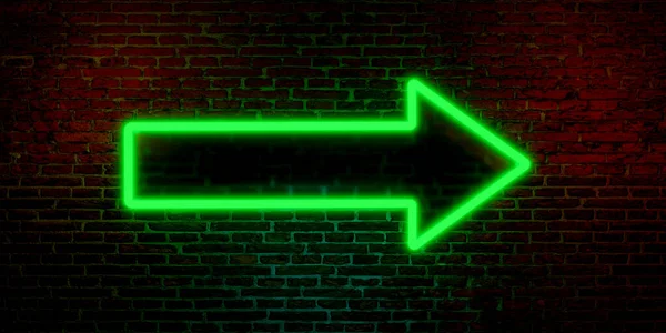Green arrow, right direction. Brick wall with neon sign. Night, arrow shows to the right.  Way, road sign, hint, lead, strategy, concept. 3D illustration