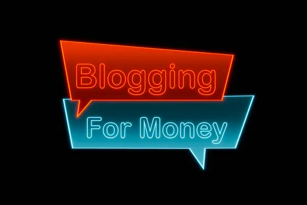 Blogging for money. Neon speech bubble in orange and blue. Influencer, making money, internet, online, social media, follower, communication,