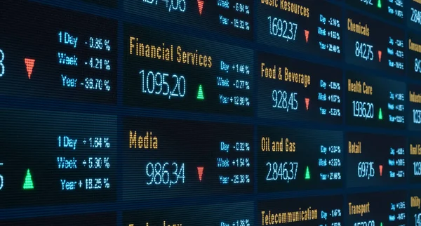 Stock market and exchange. Financial Services, Media, etc. sector index information. Business, investment, research, analyzing, financial figures, data.