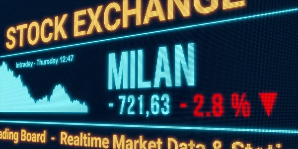 Milan, stock market moving down. Negative stock exchange data, falling chart on the screen. Red percentage sign, loss and investment. 3D illustration