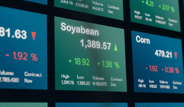 Soyabean price moving up. Stock market ticker, trading information. Commodity exchange, business, investment, information.