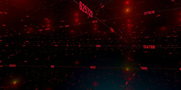 Abstract numbers, illuminated in red, data in a virtual space. Information, code, big data, network, and science. 3D illustration