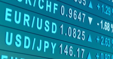 Avrupa ve ABD dolar ticareti. Ekranda döviz kurları var. Para birimi çiftleri EUR, USD, CHF veya JPY. Yüzdelik tabelalar, fiyatlar, döviz kurları, iş ve yatırım konsepti. 3B illüstrasyon