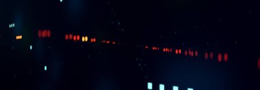 Turuncu, mavi ve kırmızı noktalar, bulanık ışık etkisi. Bilinmeyen yansımalarla aydınlatılmış arka plan. Gelecek, tasarım, ışık deseni.