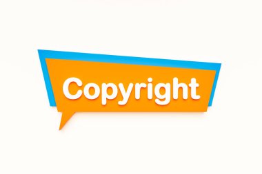 Telif hakkı, renkli karikatür konuşma balonu, beyaz metin. Fikri mülkiyet, patent, koruma. 3B illüstrasyon