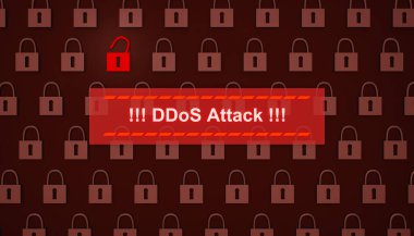 DDoS saldırısı, ekranda uyarı işareti. Siber suçlar, hackleme, tehdit, ağ güvenliği, bilgisayar virüsü. 