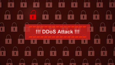 DDoS attack, warning sign on screen. Cyber crime, hacking, threat, network security, computer virus.  clipart