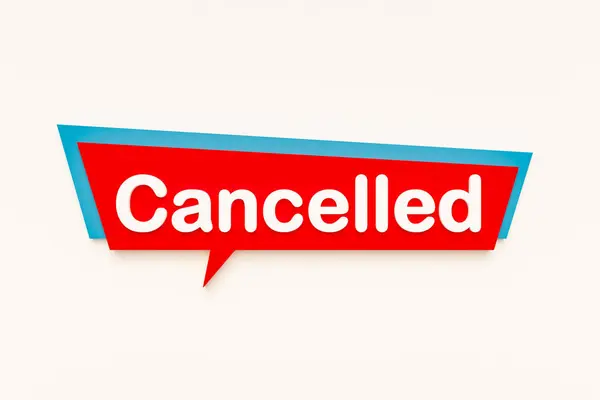 Balance, colored cartoon speech bubble, white text. Message, stopped, cancelled event or flight. 3D illustration