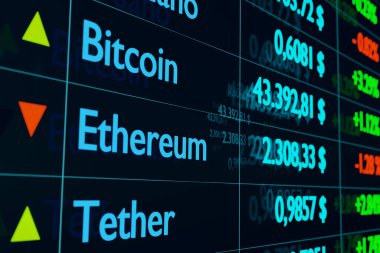 Bitcoin, Ethereum, fiyat bilgisi içeren bir tel ekran. Değişim, Bitcoin 'den ABD Doları' na yükseliyor. Zincir teknolojisini engelle, dijital, kripto para birimleri, ticaret. 3B illüstrasyon