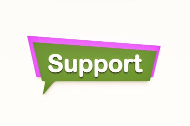 Destek, renkli çizgi film konuşma balonu, beyaz metin. Yardım parası, bağış, yardım eli. 3B illüstrasyon