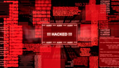 Hacklendi, sistem alarmı, uyarı işareti ekranda. Sistem mesajı, siber suç, hackleme, tehdit, ağ güvenliği, bilgisayar virüsü. 