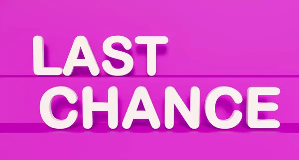 Last chance. White shiny plastic letters, pink backgropund. Shopping, event, business, opportunity, urgency, admiration. 3D illustration
