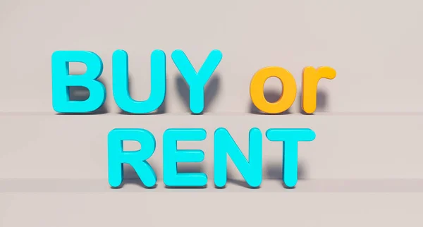 Buy or Rent. Blue shiny plastic letters. Business, leasing, consumerism, investment, contract, choice. 3D illustration