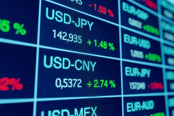 Stock image Currency exchange rates, US dollar, Chinese yuan renminbi, Japanese yen. USD rises against CYN. 3D illustration