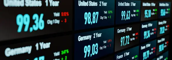 Germany and United States government bonds, yield and price information. Bond market trading, interest rates, treasury bonds, investment.