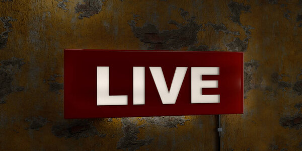 Live sign. Red plastic box with wihte letters on a wall, TV show or brodcast news are live. Entertainment industry, show, stage, audience, event. 3D illustration