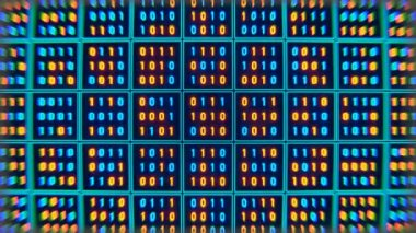 İkili kodlu dijital duvar turuncu ve maviyle aydınlatılmış. Büyük veri, sıfır ve bir, dizi, program, yazılım, ikili dizgi, bilim ve teknoloji. 