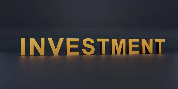Investment. Text in gold metallic capital letters. Business finance and industry, investing, stock market and exchange, funds, stock, private equity. 3D illustration
