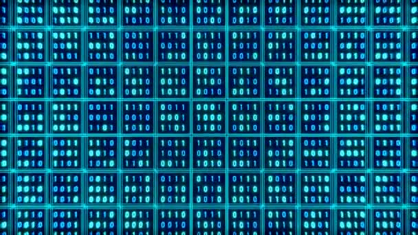 双侧数据块 数字墙与二进制代码照明蓝色 大数据 0和1 二进制字符串 交换台 未来主义和技术 — 图库视频影像