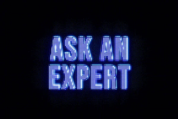 Ask an expert. Banner in purple and white capital letters. The text, ask an expert, illuminated.Advice, expertise, knowledge, skills, support, help, service.