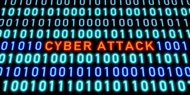 Siber saldırı, ikili kod, sıfır ve bir, bilgisayar sistemi. Siber saldırı uyarısı ekranda. Sistem mesajı, siber suç, hackleme, tehdit, ağ güvenliği, bilgisayar virüsü.