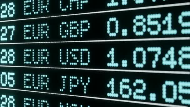 欧元对美元 日元的汇率在银幕上 交易信息 英镑或瑞士法郎汇率 股票市场和交易所 全球商业 — 图库视频影像