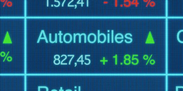 Automobiles sector stock index. Stock market data, automobile stocks price information, percentage changes, blue screen. Stock exchange, business, trading board. 3D illustration