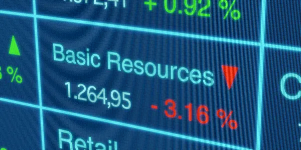 Basic Resources sector stock index. Stock market data, basic resources stocks price information, percentage changes, blue screen. Stock exchange, business, , trading board. 3D illustration