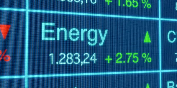 Energy sector stock index. Stock market data, energy stocks price information, percentage changes, blue screen. Stock exchange, business, trading board. 3D illustration