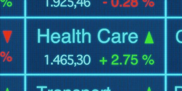 Health Care sector stock index. Stock market data, health care stocks price information, percentage changes, blue screen. Stock exchange, business, trading board. 3D illustration