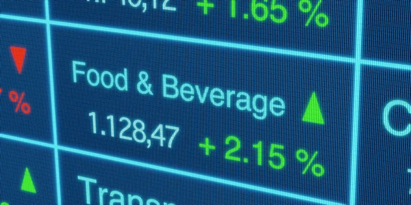Food and Beverage sector stock index. Stock market data, food and beverage stocks price information and percentage changes, blue screen. Stock exchange, business, trading board. 3D illustration