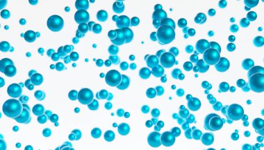 Farklı boyutlarda mavi metalik küreler. Soyut, dijital grafik, arka plan, çözülme, yükselme. 3B illüstrasyon