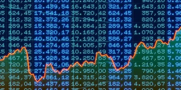 Digital numbers, chart financial figures on the screen. Orange line grpah in the foreground. Business, trading, stock market data, analyzing. 3D illustration
