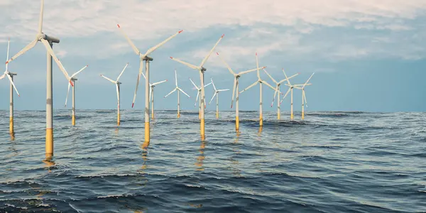 Wind turbines in the sea during day. Offshore wind park, power generation in the sea. Renewable and sustainable energy, climate change, wind energy, technology. 3D illustration