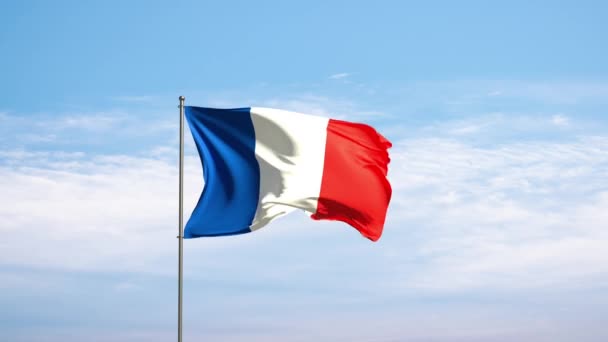 Vlag Frankrijk Tegen Bewolkte Lucht Franse Vlag Wapperend Wind Nationaal — Stockvideo