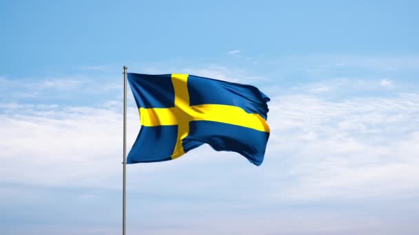 Bandera Suecia Contra Cielo Nublado Bandera Sueca Ondeando Viento Símbolo — Vídeos de Stock