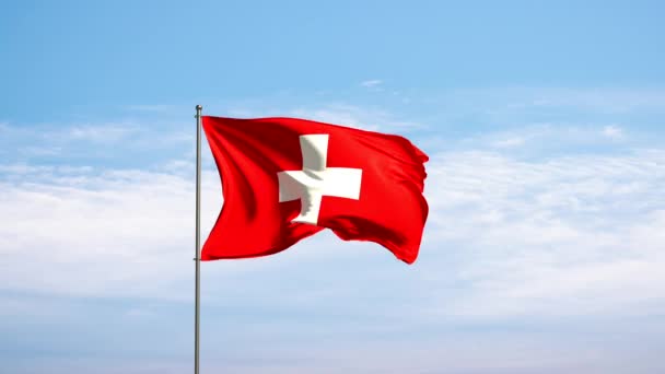 让瑞士在多云的天空中升起旗帜 瑞士国旗在风中飘扬 Country Nation Union Flag Government Swiss Culture Politics — 图库视频影像