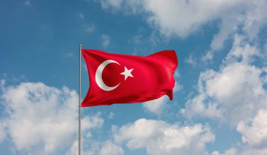 Bulutlu gökyüzüne karşı hindi bayrağı. Ülke, ulus, sendika, bayrak, hükümet, Türk kültürü, siyaset. 3B illüstrasyon