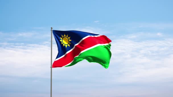 Vlag Namibië Tegen Bewolkte Lucht Namibische Vlag Wapperend Wind Nationaal — Stockvideo