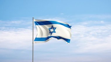 Bulutlu gökyüzüne karşı İsrail 'i işaretle. İsrail bayrağı rüzgarda sallanıyor, ulusal sembol. Ülke, ulus, birlik, bayrak, hükümet, İsrail kültürü, siyaset.