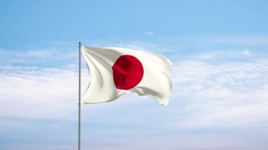 Bulutlu gökyüzüne karşı Japonya bayrağı. Rüzgarda dalgalanan Japon bayrağı, ulusal sembol. Ülke, ulus, birlik, bayrak, hükümet, Japon kültürü, siyaset.