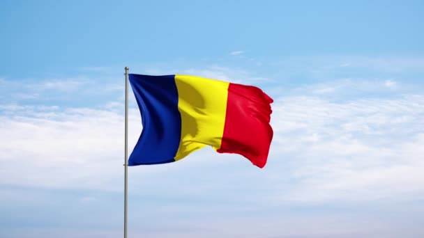 Vlag Roemenië Tegen Bewolkte Lucht Roemeense Vlag Wapperend Wind Nationaal — Stockvideo
