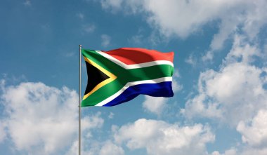 Bulutlu gökyüzüne karşı Güney Afrika bayrağı. Ülke, ulus, sendika, bayrak, hükümet, Güney Afrika kültürü, politika. 3B illüstrasyon