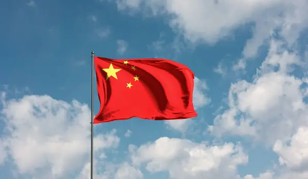 Flag China against cloudy sky. Country, nation, union, banner, government, Chinese culture, politics. 3D illustration