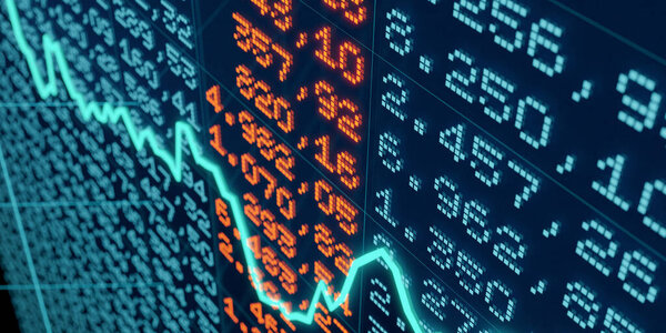 Digital numbers, chart financial figures on the screen. Blue line grpah in the foreground. Business, trading, stock market data, analyzing. 3D illustration