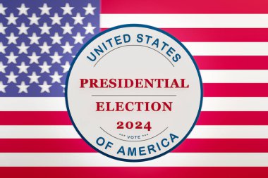 US presidential election banner 2024, US flag in the background. Text in red and dark blue. United States election concept, politcs, government, republicans and democrats. clipart