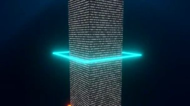 Bir sütunda çalışan ikili kod. Mavi ve turuncu halkalar sütunda yukarı aşağı hareket ediyor. Soyut fütüristik büyük veri kavramı. Bit, bayt, dijital bitcoin, kripto madencilik, bilgisayar ağı.